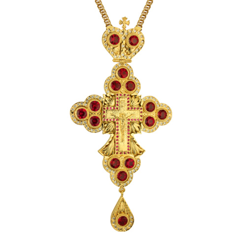 Крест наперсный латунный с цепью, позолота, красные фианиты, высота 19 см