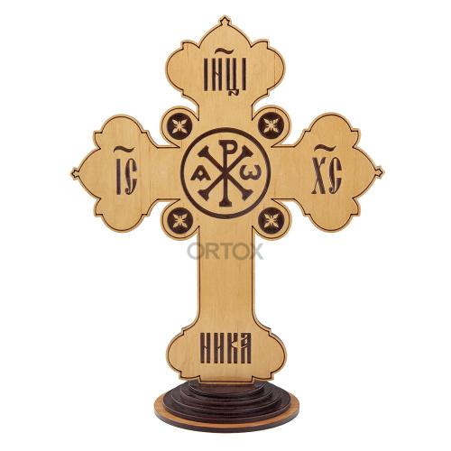 Крест настольный деревянный с латунным распятием, красные камни, 36х45 см фото 2