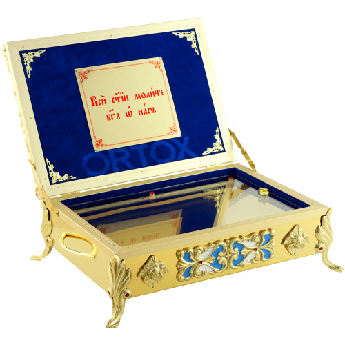 Ковчег для мощей, литые элементы, синяя ткань, 40х30х20 см, У-0459