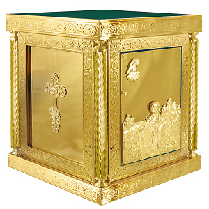 Жертвенник "Золотые своды" с иконой "Моление о чаше" чеканка, литье, высота 100 см (90х90х100 см зеленая ткань, литье)