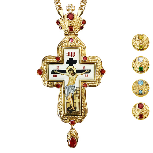 Крест наперсный из ювелирного сплава в позолоте с цепью, фианиты, 6,5х14 см