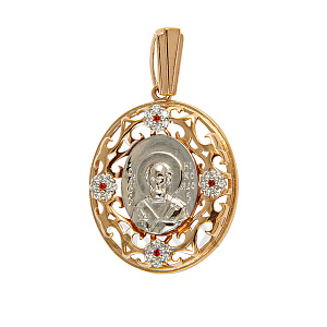 Образок серебряный с ликом святителя Николая Чудотворца, позолота, родирование, с фианитами (красные фианиты)