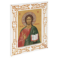 Икона Спасителя "Господь Вседержитель", в узкой резной раме, белая с золотом (патина), холст с золочением, ширина рамы 7 см