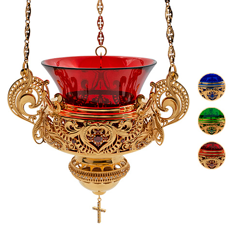 Лампада подвесная из ювелирного сплава в позолоте с камнями, 16х19 см