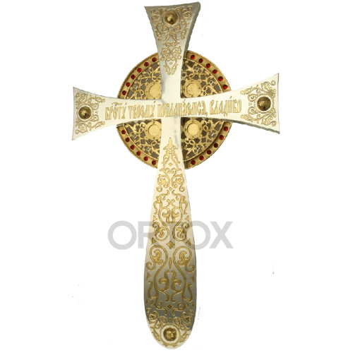 Крест напрестольный латунный в серебрении с позолотой, фианиты фото 2