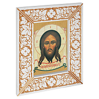 Икона Спасителя "Нерукотворный образ", в широкой резной раме, белая с золотом (патина), холст с золочением, ширина рамы 12 см
