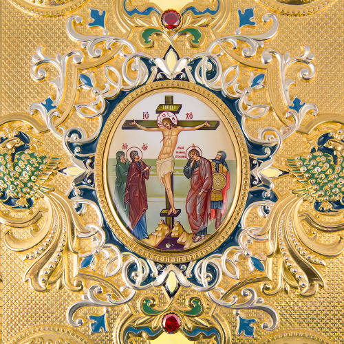Евангелие напрестольное, латунный оклад в позолоте, фианиты и эмаль, 30х35 см фото 15