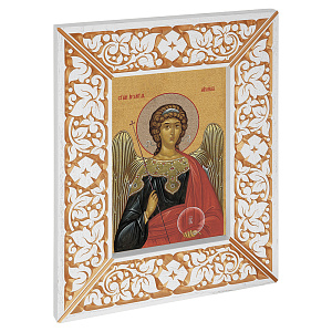 Икона Архангела Михаила, в широкой резной раме, белая с золотом (патина), холст с золочением, ширина рамы 12 см (43х51,7 см (под икону А4))