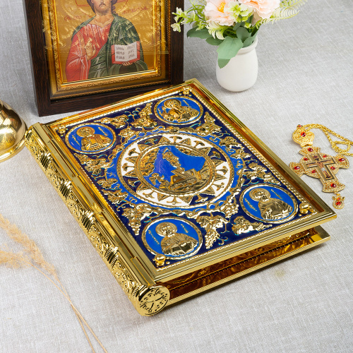 Оклад для Евангелия напрестольного, цинковый сплав, цвет "под золото", синяя эмаль, 25х5х35 см фото 3