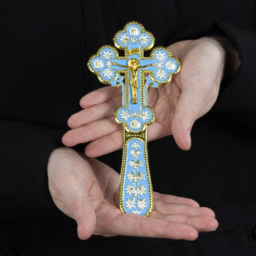 Крест требный, цинковый сплав, голубая и белая эмаль, 7,5х17 см фото 4