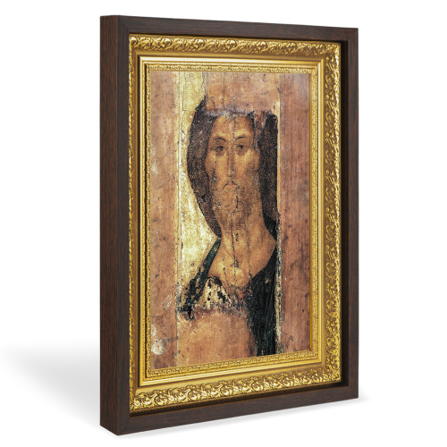 Икона Спасителя "Спас Звенигородский", в широком багете, цвет "темный дуб", на холсте, с золочением