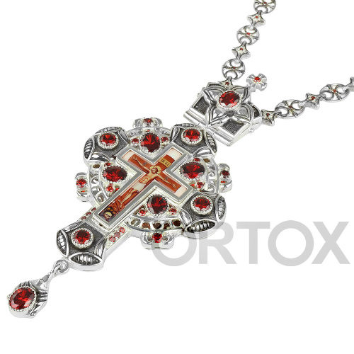 Крест наперсный серебряный с цепью, красные фианиты, высота 15 см фото 2