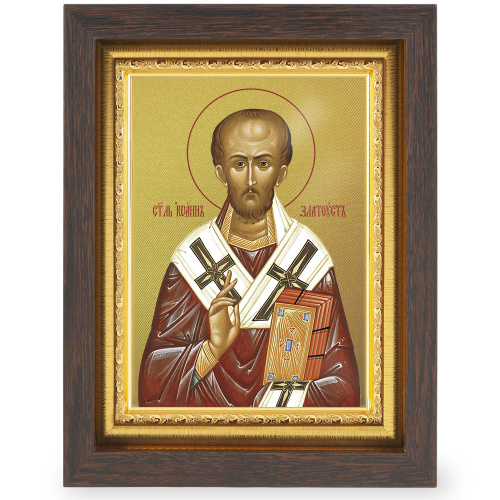 Икона Иоанна Златоуста, святителя, в узком багете, цвет "темный дуб", на холсте, с золочением фото 2