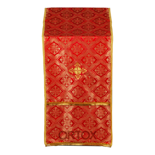 Накидка на аналой "Крест" красная, шелк "Лавр", золотая тесьма, бахрома, 57х204 см фото 2