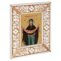 Икона Божией Матери "Покров Пресвятой Богородицы", в широкой резной раме, белая с золотом (патина), холст с золочением, ширина рамы 12 см