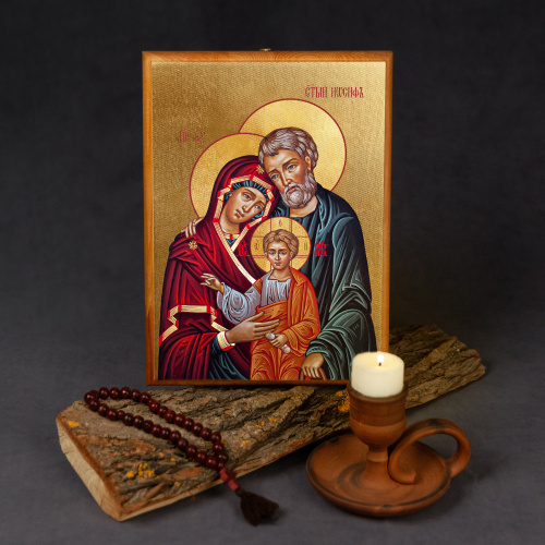 Икона "Святое семейство" на деревянной основе, цвет "кипарис", на холсте с золочением фото 3