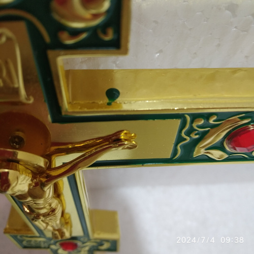 Крест напрестольный / требный, зеленая эмаль, красные камни, 14х26 см, №2, У 55-0021 фото 8
