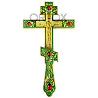 Крест напрестольный латунный, зеленая эмаль, красные камни, 14х26 см, У-0025