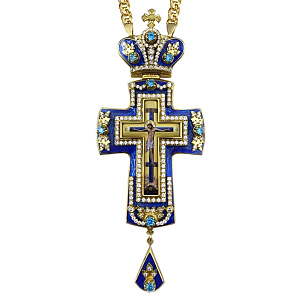 Крест наперсный из ювелирного сплава в позолоте с цепью, с эмалью и фианитами, 6х15 см (голубая эмаль, голубые и белые фианиты)