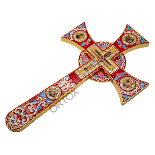Крест требный латунный четырехконечный, красная эмаль, камни, 17х29 см фото 4