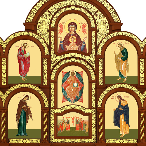 Иконостас деревянный резной "Владимирский" четырехъярусный, цвет "кипарис" с золотом (поталь), 690х730х45 см фото 8