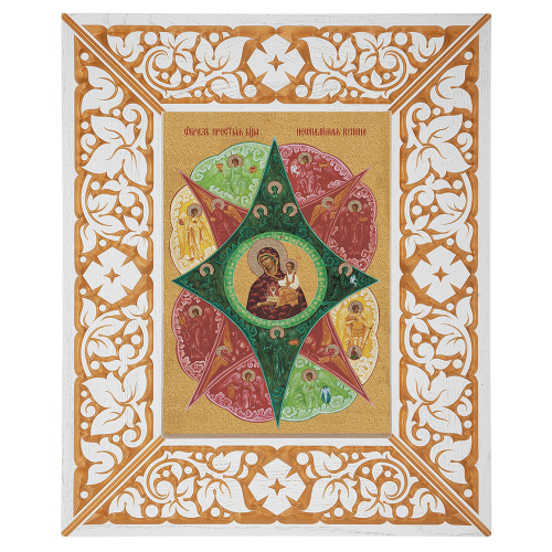 Икона Божией Матери "Неопалимая Купина", в широкой резной раме, белая с золотом (патина), холст с золочением, ширина рамы 12 см фото 2