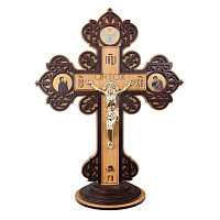 Крест настольный деревянный с латунным распятием, красные камни, 36х45 см
