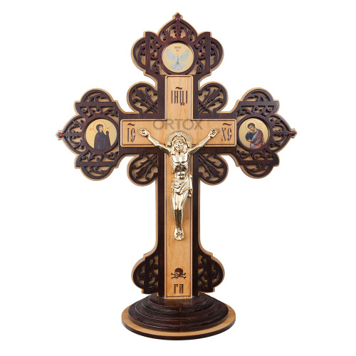 Крест настольный деревянный с латунным распятием, красные камни, 36х45 см