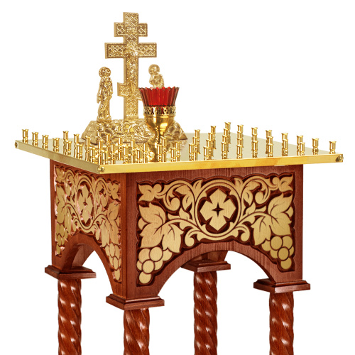 Панихидный стол на 36-50 свечей "Суздальский", цвет "кипарис" с золотом (поталь), колонны, резьба, 46х46х100 см фото 9