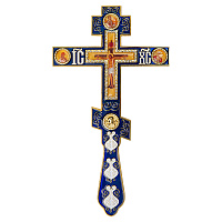 Крест напрестольный, цинковый сплав, синяя эмаль, камни, 14,5х26 см