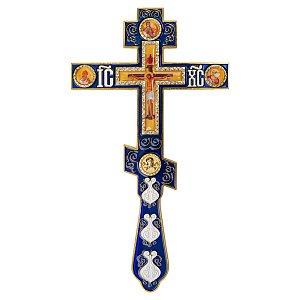 Крест напрестольный, цинковый сплав, синяя эмаль, камни, 14,5х26 см (гравировка)
