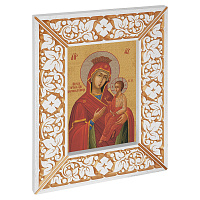 Икона Божией Матери "Скоропослушница", в широкой резной раме, белая с золотом (патина), холст с золочением, ширина рамы 12 см