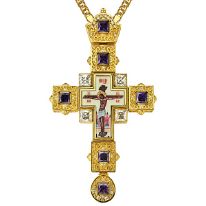 Крест наперсный латунный в позолоте, фиолетовые фианиты, высота 18 см (вес 228,31 г)