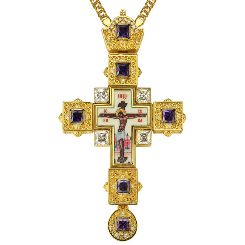 Крест наперсный латунный в позолоте, фиолетовые фианиты, высота 18 см
