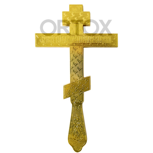 Крест напрестольный латунный, 14х26 см, зеленая эмаль, красные камни фото 4