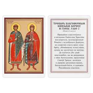 Икона благоверных князей-страстотерпцев Бориса и Глеба, с тропарем, 6х8 см, ламинированная (картон)