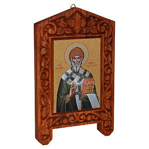 Икона святителя Спиридона Тримифунтского на резной доске "Суздальская", холст с золочением (13,4х22,5 см (под икону А7))