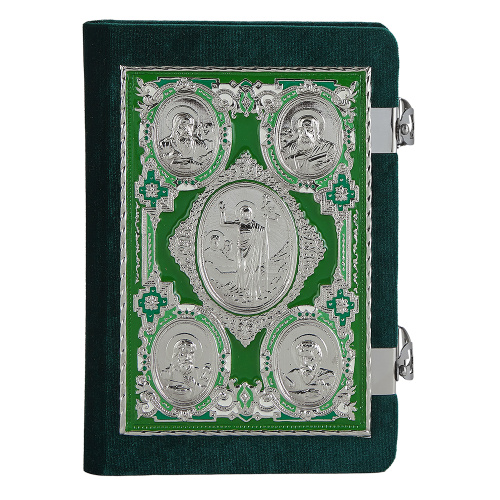 Евангелие требное среднее зелёное, оклад "под серебро", бархат, эмаль, 17х22 см