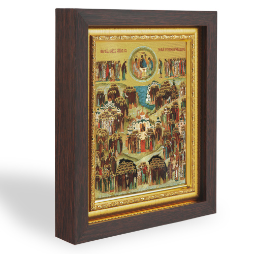 Икона Собора всех святых в земле Русской просиявших, в узком багете, цвет "темный дуб", на холсте, с золочением