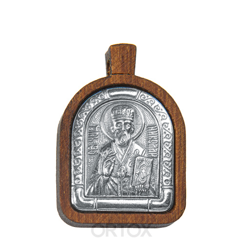 Образок деревянный с ликом святителя Николая Чудотворца из мельхиора в серебрении, 1,7х2,6 см фото 2