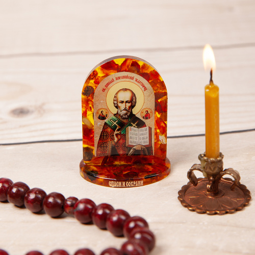 Икона настольная святителя Николая Чудотворца, смола с янтарем, 4,5х6 см фото 2 Икона настольная святителя Николая Чудотворца, смола с янтарем, 4,5х6 см фото 2
