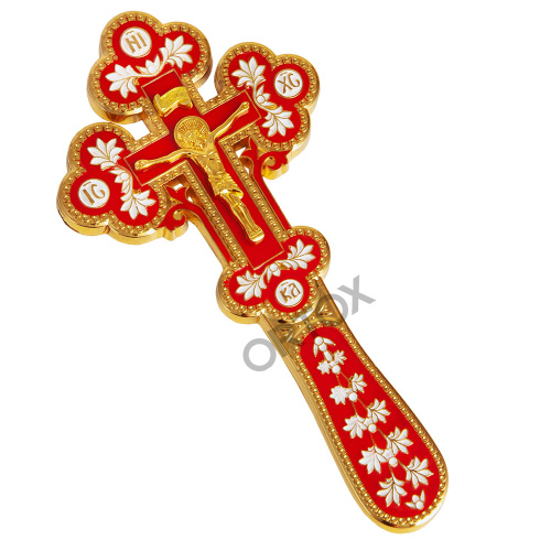 Крест требный латунный, красная и белая эмаль, 7,5х17 см фото 4