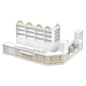 Свечная лавка "Судиславская". Компоновка №3 белая с золотом (поталь) (ЛДСП, ясень, сосна)