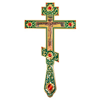 Крест напрестольный, цинковый сплав, зеленая эмаль, красные камни, 14,5х26 см, У-1348