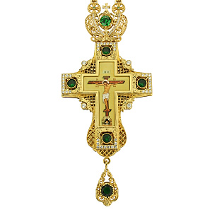 Крест наперсный из ювелирного сплава в позолоте, с цепью, 8,5х19 см (зеленые фианиты)