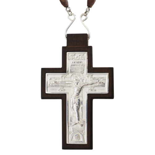 Крест наперсный латунный в серебрении на дереве с цепью, 5,7х9,2 см фото 5