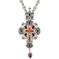 Крест наперсный серебряный, с цепью, красные фианиты, высота 15 см