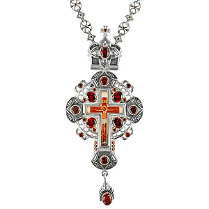Крест наперсный серебряный, с цепью, красные фианиты, высота 15 см (чернение)