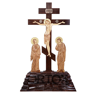 Крест-голгофа с предстоящими "Скорбь", художественная тонировка, резьба (высота 180 см)