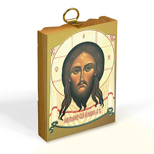Икона Спасителя "Нерукотворный образ" на деревянной основе светлая, на холсте с золочением (5,2х7,4 см (А8))